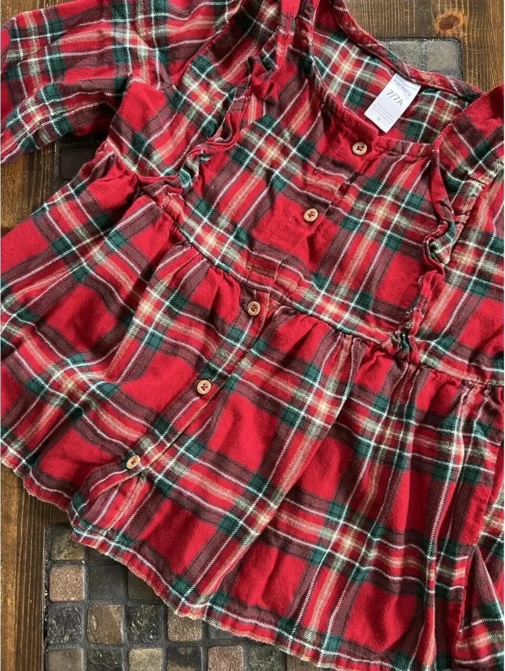 Carter's 100% Cotton Plaid Ruffle Button Front Holiday Top Girls Size 7 🧣🎄
